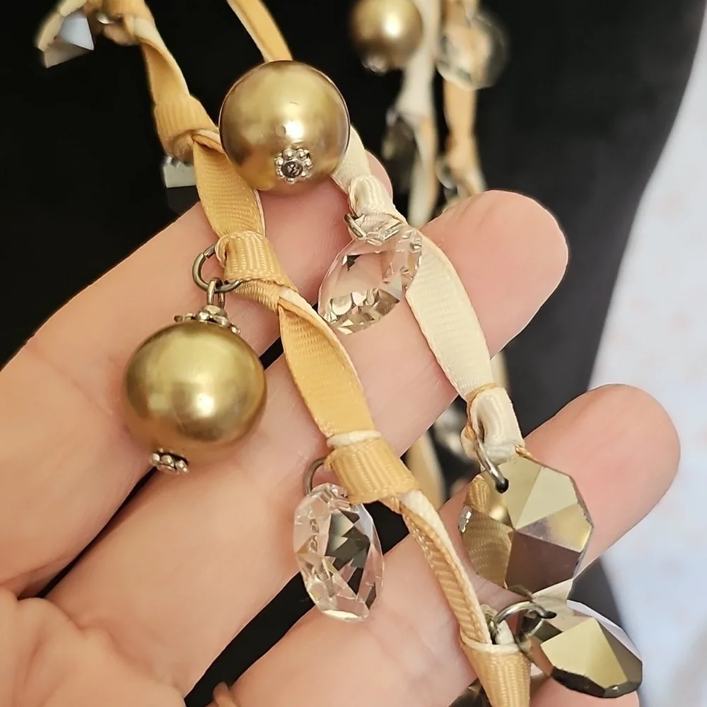 Ribbon and Silver Chain Beaded Necklace Signed JS 42 Inches 🌠